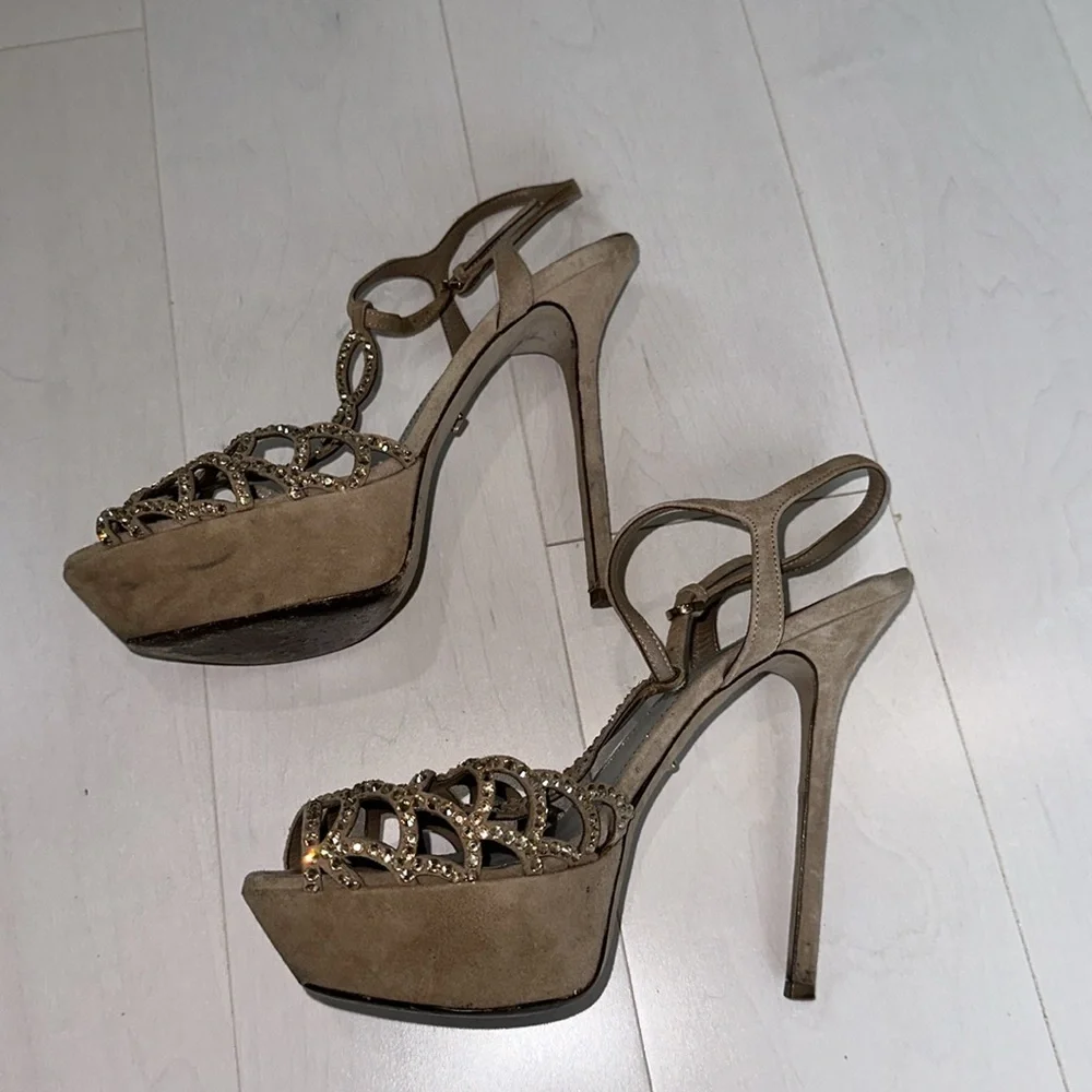 Sergio Rossi Beige Suede Rhinestone Embellished Platform Stiletto Sandals